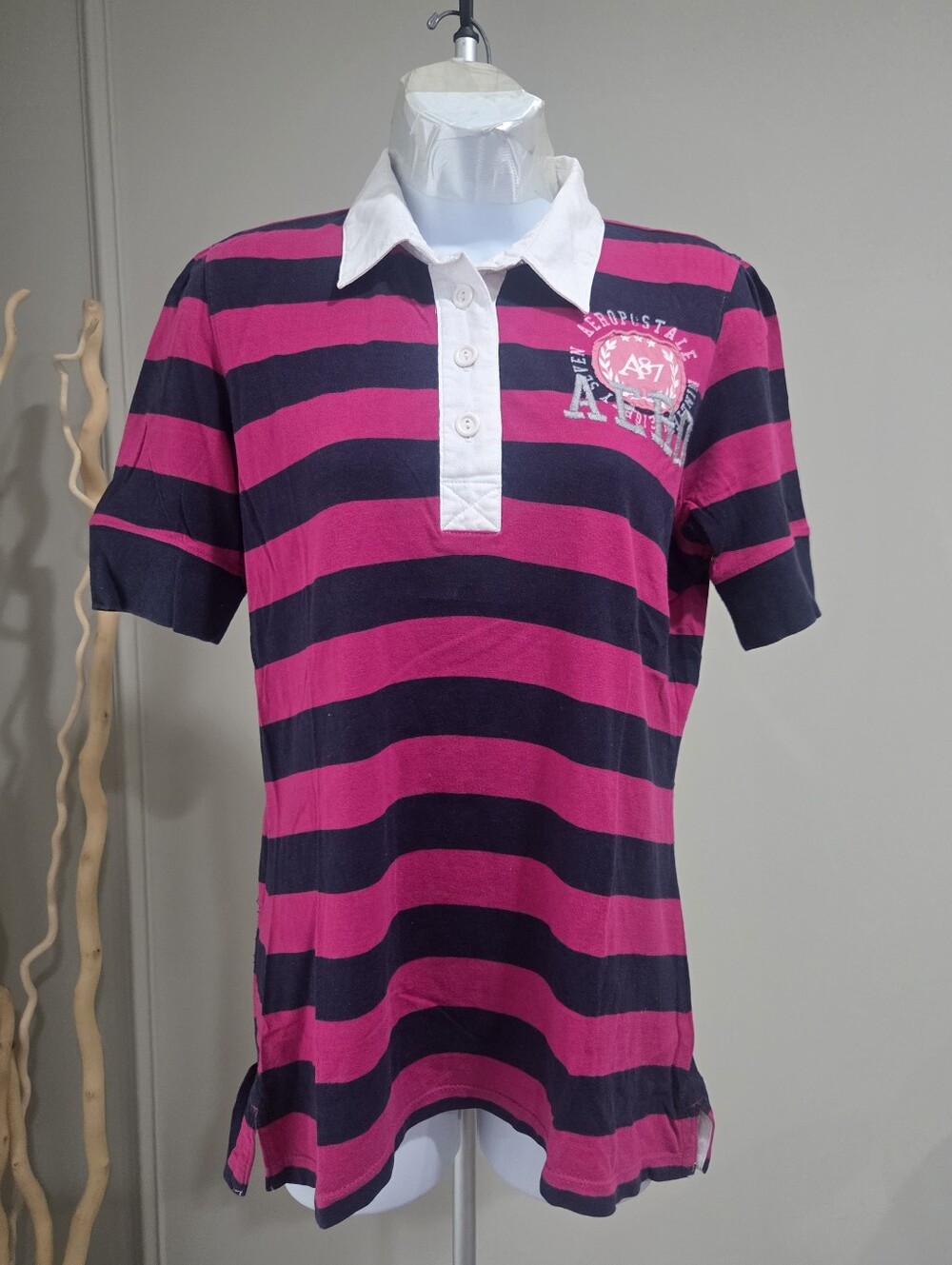 Aeropostale Girls Pink & Black Striped Polo Top Sz.L